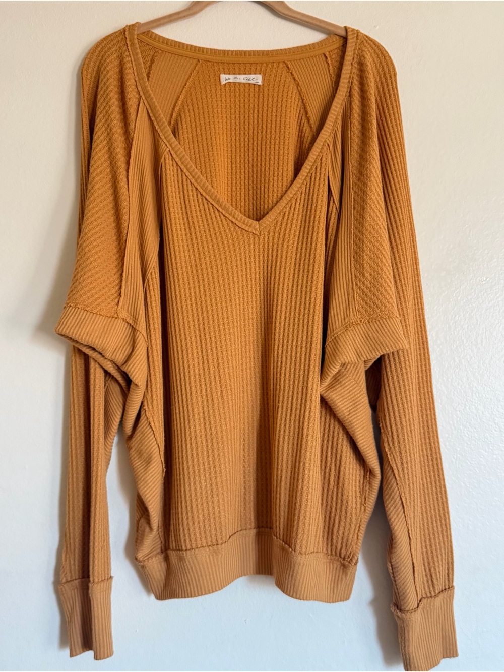 We The Free Cozy Waffle Knit V-Neck Pullover Raw Hem Beachy - Mustard Yellow